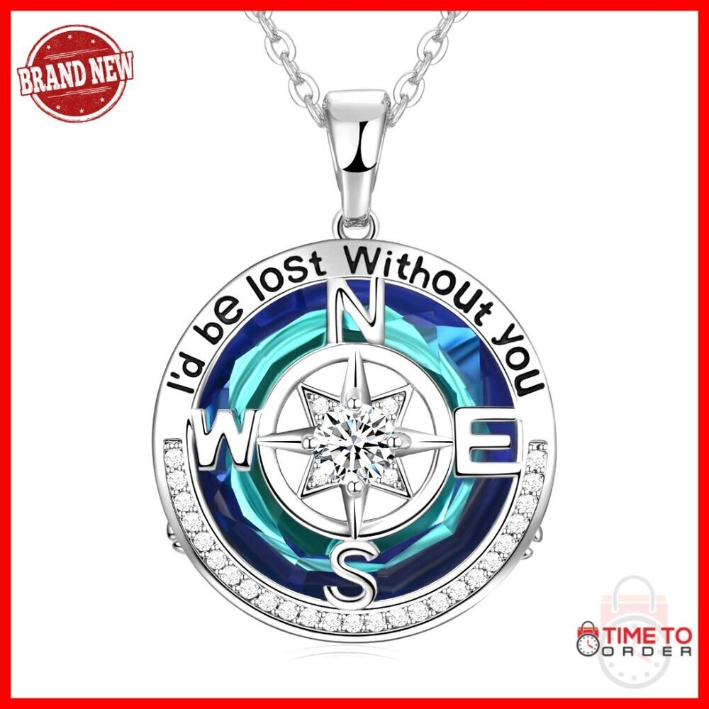 Compass Pendant Necklace 18k Gold Filled Sterling Silver Sapphire Elegant Gift